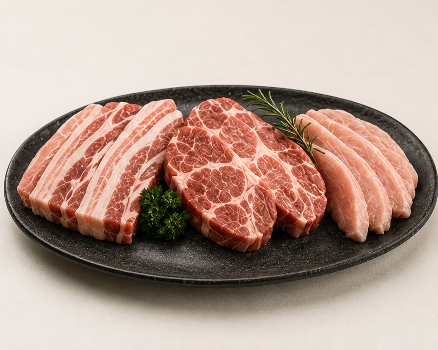 Fresh cuts of Berkshire pork on a black plate